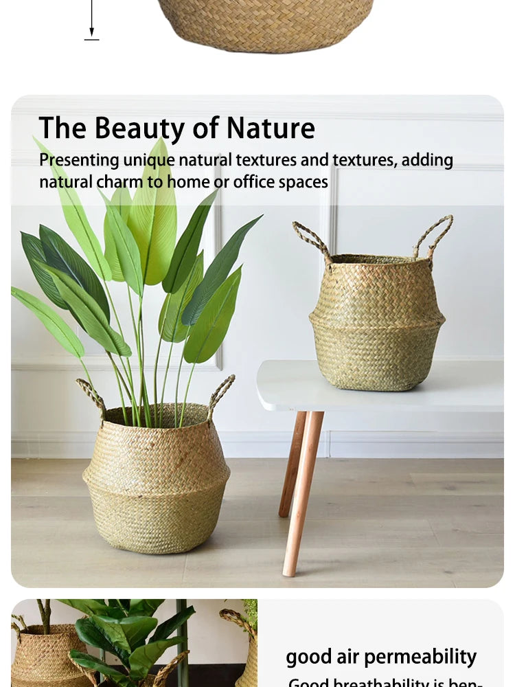 Nordic flower basket, portable woven basket, flower pot, straw woven, bamboo woven, plant woven, floor-standing folding straw wo