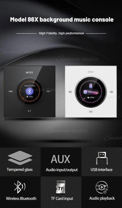 Home Background music player system audio in wall power amplifier bluetooths TF USB FM radio AUX controls panel ceiling speakers