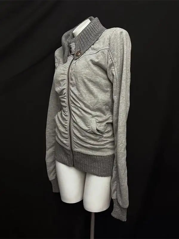 American Street Style Retro Pleated Turtleneck Zipper Hoodie Womens Grey Oversized Hoodie with Ribbed Cuffs Y2K Style Jacket
