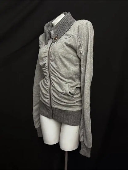 American Street Style Retro Pleated Turtleneck Zipper Hoodie Womens Grey Oversized Hoodie with Ribbed Cuffs Y2K Style Jacket