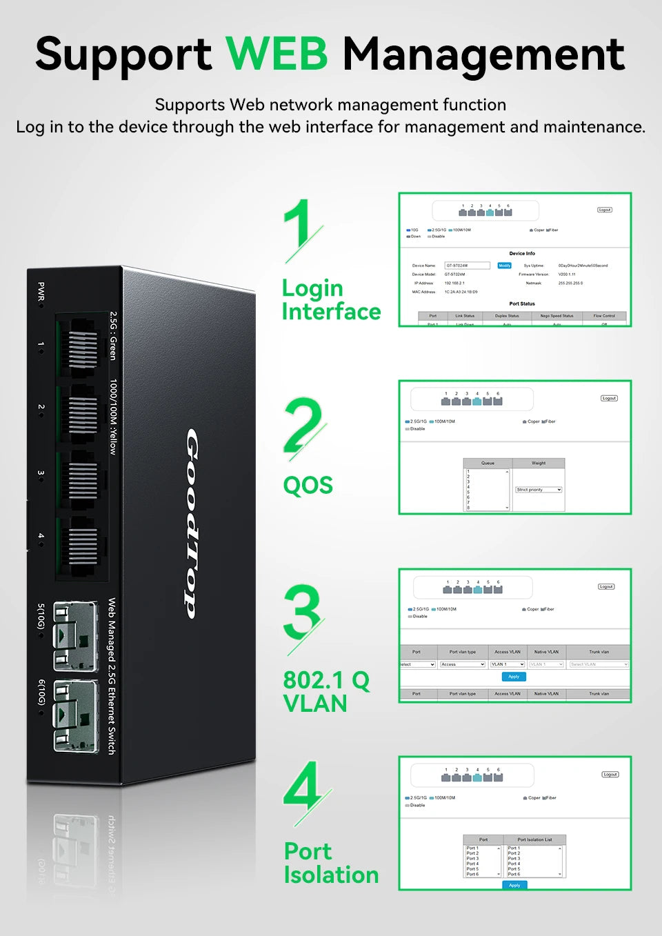 GoodTop 2.5GbE Managed Switch 6 Port 2.5GBASE-T Network Switcher 10G SFP+ Slot Uplink Web Managed Hub Internet Splitter Fanless