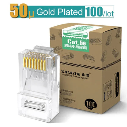 SAMZHE Cat5e RJ45 Modular Plug 8P8C Connector for Ethernet Cable,Gold Plated CAT 5e Gigabit Bulk Ethernet Crimp Connectors