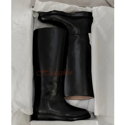 Genuine Leather Casual Boots Round Toe Chunky Med Heels Solid Slip On Trouser Boots Knee High Autumn Women Sexy Luxury Shoes