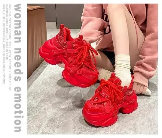 8CM Women Bling Red Chunky Sneakers Winter High Platform Warm Fur Shoes Ladies Wedges Casual Dad Shoes Leather Sports Sneakers