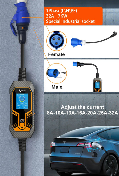 feyree 32A 7KW Type2 EV Portable Charger 3.5KW 16A 1Phase EVSE Charging Box 11KW 16A 3Phase Car Charger for Electric Vehicle
