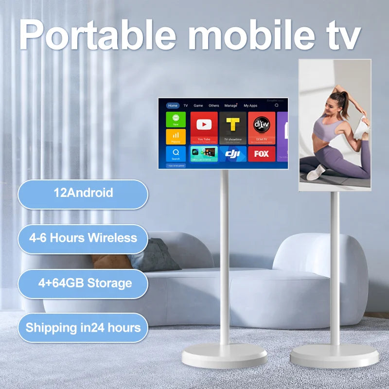 Free Standing Tv 21.5 Inch Touch Screen Portable Tv Smart Mobile Display Rechargeable 360 Rotating Tv Stand Wireless Television