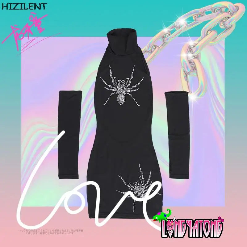 Backless Sexy Halter Summer Dress Women Elastic Spider rhinestones Long Dresses Sleeveless Camisole Clubwear Evening Party Dress