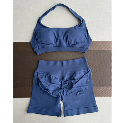 2 Pieces Yoga Gym Set Women Seamless Strappy Yoga Bra High Waist Workout Scrunch Shorts Sports Set Fitness Clothes Sportswear