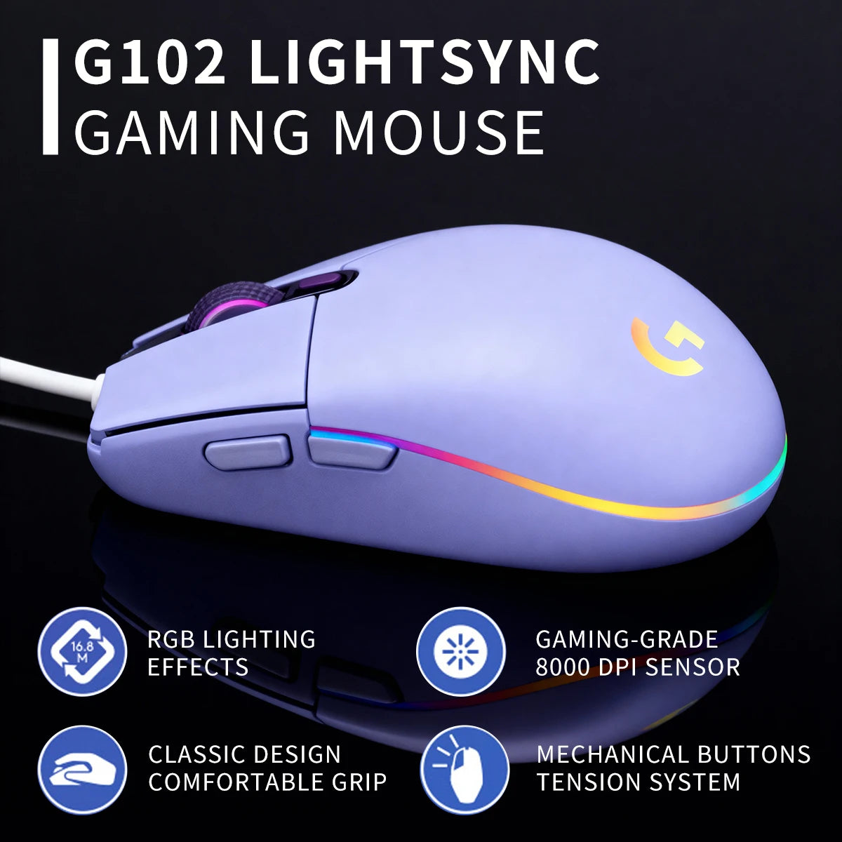 Logitech G102 Wired Gaming Mouse Adjustable DPI 16.8M RGB Colors Mechanical Buttons Ergonomic Design for Competitive Gamers