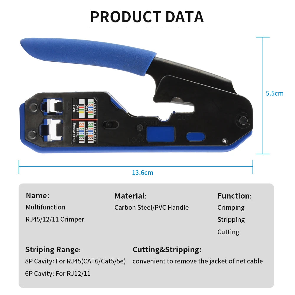 RJ45 Crimping Tool Set, 8P6P Cat5 Cat5e Cat6 Ethernet Crimper Pliers with Wire Stripper Cutter for RJ11 RJ12 Modular Plugs