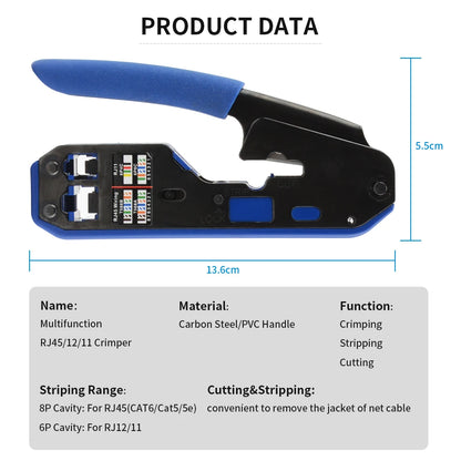 RJ45 Crimping Tool Set, 8P6P Cat5 Cat5e Cat6 Ethernet Crimper Pliers with Wire Stripper Cutter for RJ11 RJ12 Modular Plugs