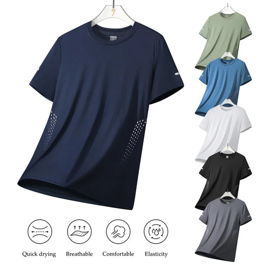 Summer Mesh Sports T-Shirt Men Quick-Drying Breathable Loose Ice Silk Short Sleeves Men Jogging Hiking Round Neck Sports T-shirt