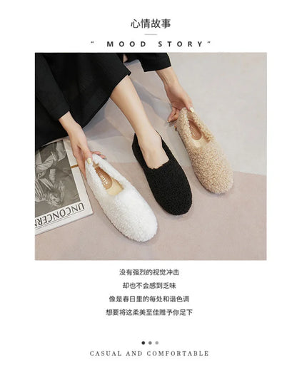 Big Size 43 Women Lambswool Slippers Winter Sheep Fur Shoes Ladies Flat Cotton Slides Home Pantuflas Daily Slip On Furry Mules