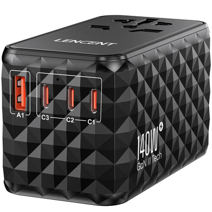 LENCENT 140W GaN Universal Travel Adapter with 1USB-A Ports 3 Type C Fast Charging Power Adapter EU/UK/USA/AUS Plug for Travel