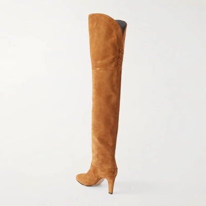 Autumn and Winter Women's Thick High-heeled Knee High Boots, Round Headed Cowhide Suede Fashionable Women's Plus Size Boots