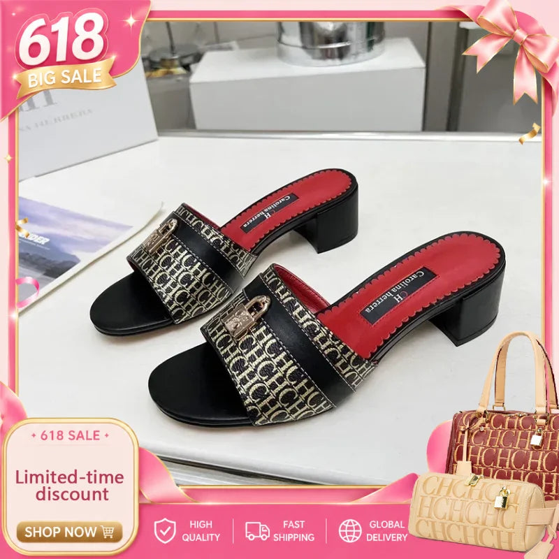 CH Brand Metal Buckle Embossed Sandals With Block Heels Open Toe Design Comfortable And Stylish Outdoor Slippers