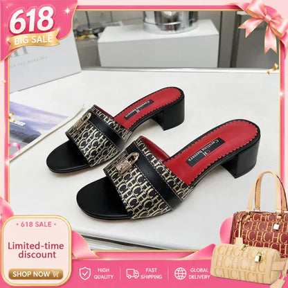 CH Brand Metal Buckle Embossed Sandals With Block Heels Open Toe Design Comfortable And Stylish Outdoor Slippers