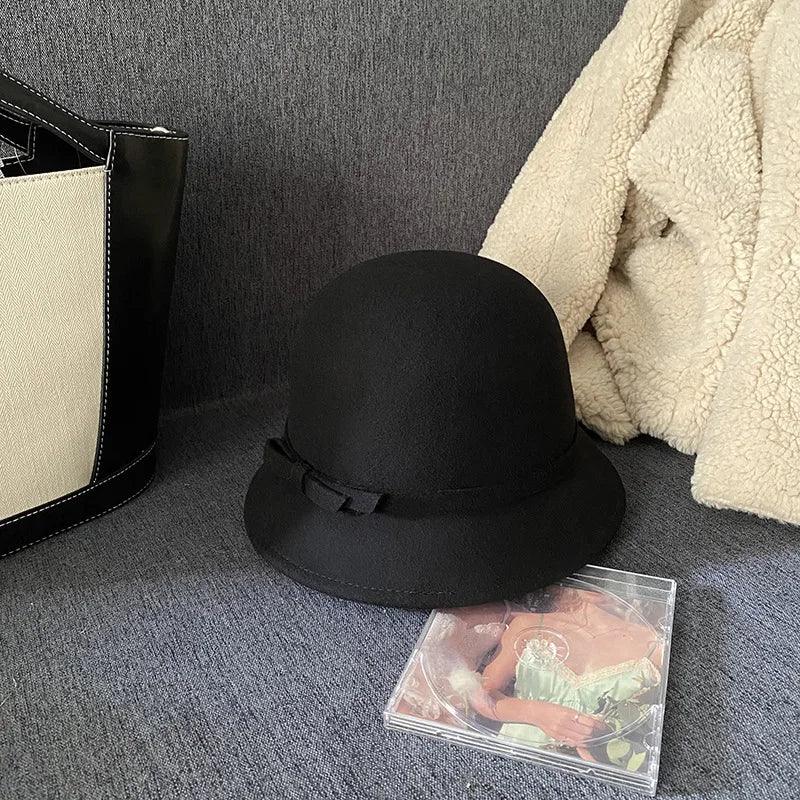 2024 Autumn Spring Fedoras Women Hat Elegant Vintage Bowknot Wool Ladies Hat Dome Felt Wedding Church Jazz Cap Female Bow Bowler