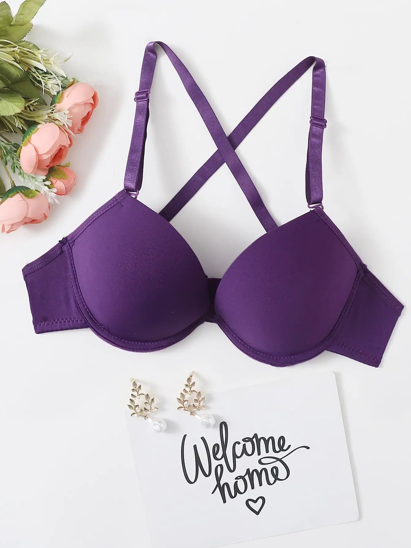 Purple strip steel support brassiere sexy cross back bra women's underwear detachable shoulder straps A2122