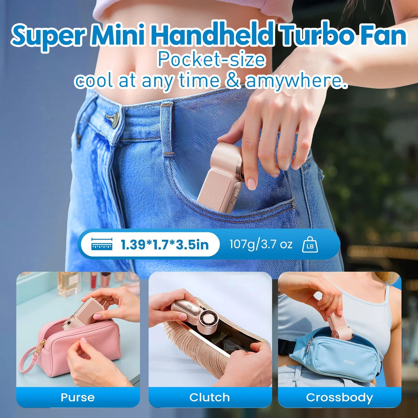 USB Rechargeable Mini Handheld Fan Ultra-Quiet Digital Display Small Electric Fan Powerful Wind Personal Cooling Fan With Light