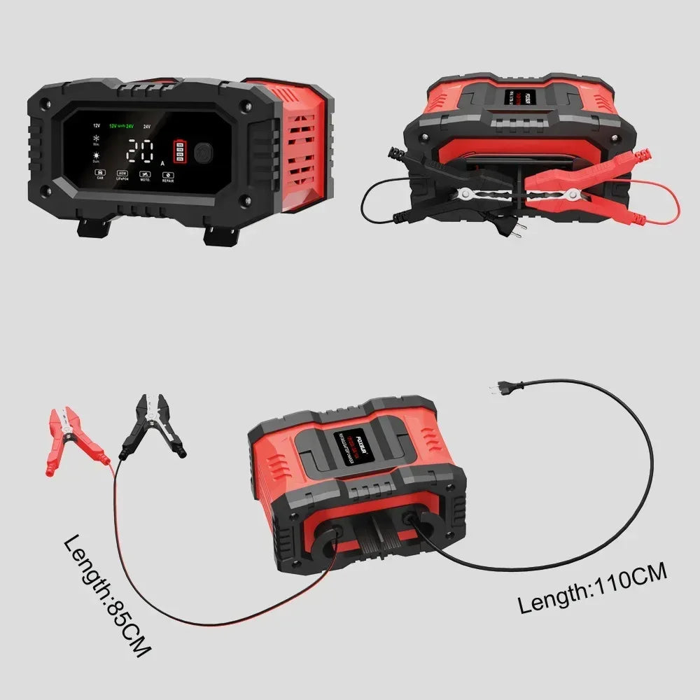 Portable 20A/10A Car Battery Charger 12V 24V Automatic Motorcycle Truck AGM LiFePO4 Lead Acid Start Stop Battery with Repair