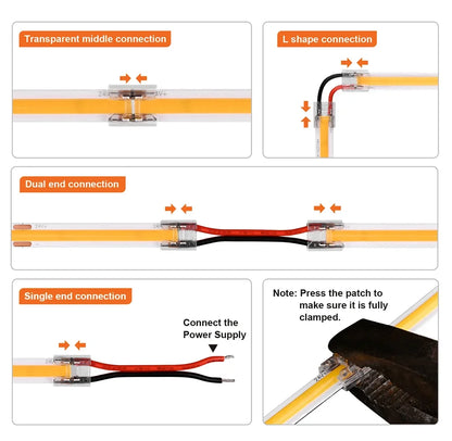 12pcs Solderless LED Connector Transparent 4 in 1 DIY Connectors with 15cm Wire For 2pin 8mm 10mm COB SMD LED Strip Lights