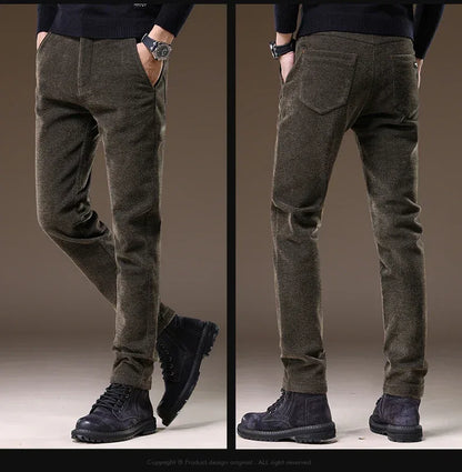 Casual Pants Men Winter New Fleece Business Elastic Waist Slim Korean Warm Thick Brushed Plush Trousers Male 28-38