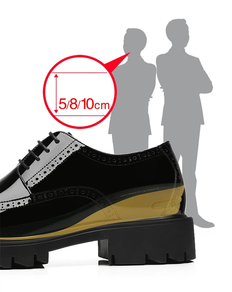 Luxury Men Brogues Patent Leather Elevator Shoes Man Height Increase Insole 8cm/10cm Black Formal Business Wedding Men Shoes New