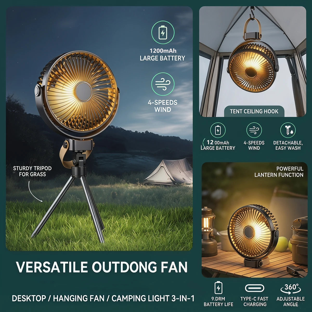 3-in-1 Tactical Camping Fan 1200mAh Battery Powered 4 Speeds 360° Rotation Outdoor Air Cooler with Warm Light for Travel BBQ