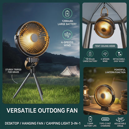 3-in-1 Tactical Camping Fan 1200mAh Battery Powered 4 Speeds 360° Rotation Outdoor Air Cooler with Warm Light for Travel BBQ