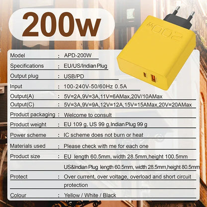 New 200W Ultra Fast Charger USB PD 2-In-1 Type C Fast GaN Phone Charger For Iphone Huawei Samsung Xiaomi Oppo  EU US Plug ﻿