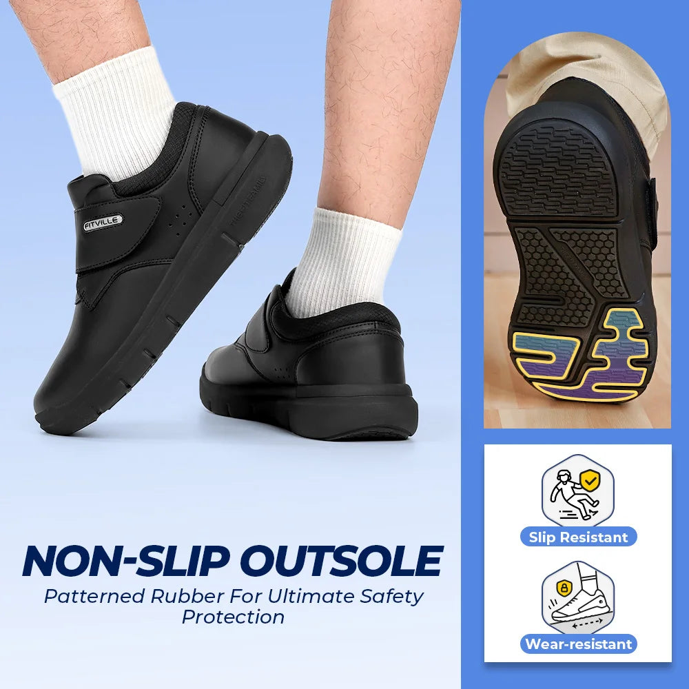 FitVille Extra Wide Men's Shoes Leather Diabetic Shoes Walking for Elder Orthopedic Toes Swollen Feet Non-Slip Arch Support