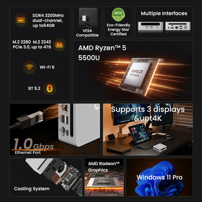 Genmachine AMD Ryzen 5 5500U Mini PC - 6C/12T Efficient Performance, 15W TDP, Radeon Graphics, 4K WiFi6, Diy Gaming Computer
