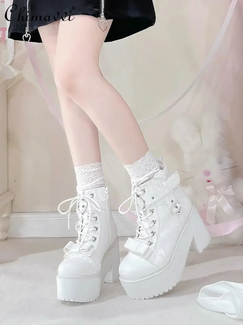 Japanese Mine Lolita Short Boots for Women Mass Production Love Rhinestone Buckle Bow Round Head Platform Boots Sweet Shoes