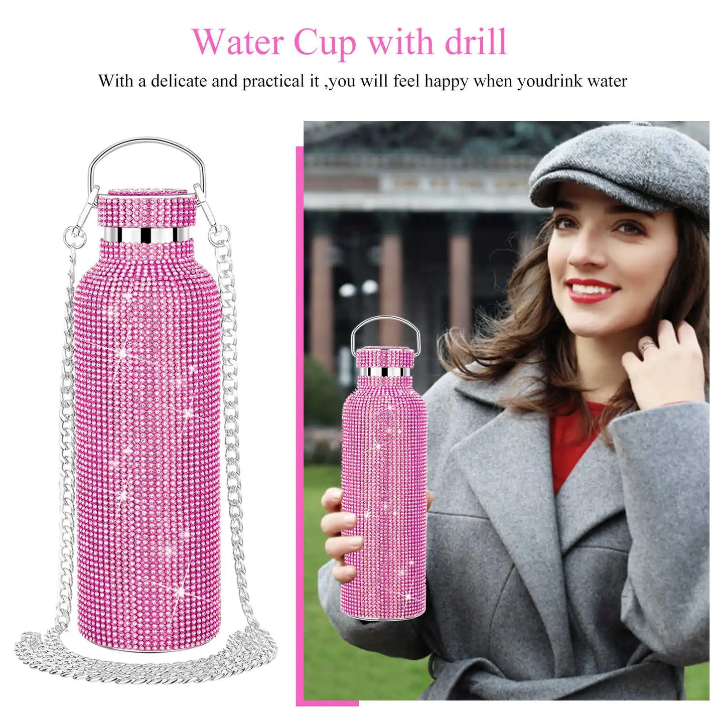 350/500/750/1000ml Luxury Rhinestone Thermos Bottle 2pcs Chain Portable Water Bottle Double Wall Stainless Steel Thermal Flask