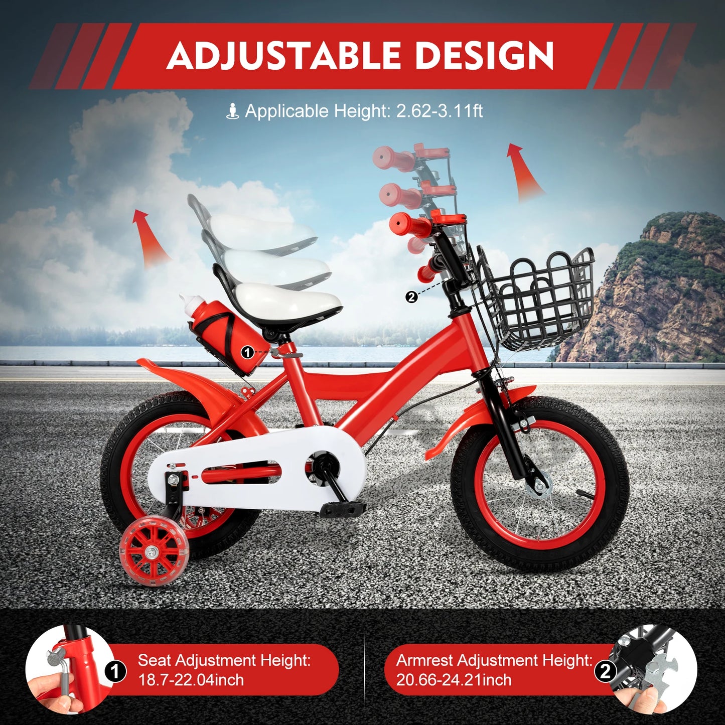 Children Bike Boys Girls Toddler Bicycle Adjustable Height Kid Bicycle with Basket for 2-4 Years Old Blue / Red / Yellow