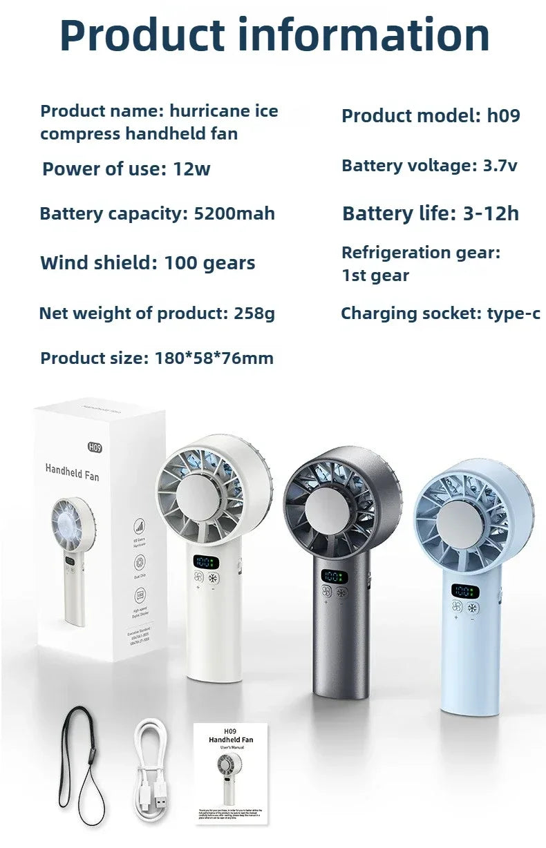 Xiaomi 5200mah Handheld Fan Electric Hand Fans Ice Compress High-speed Cooling USB Rechargeable Portable LED Digital Display