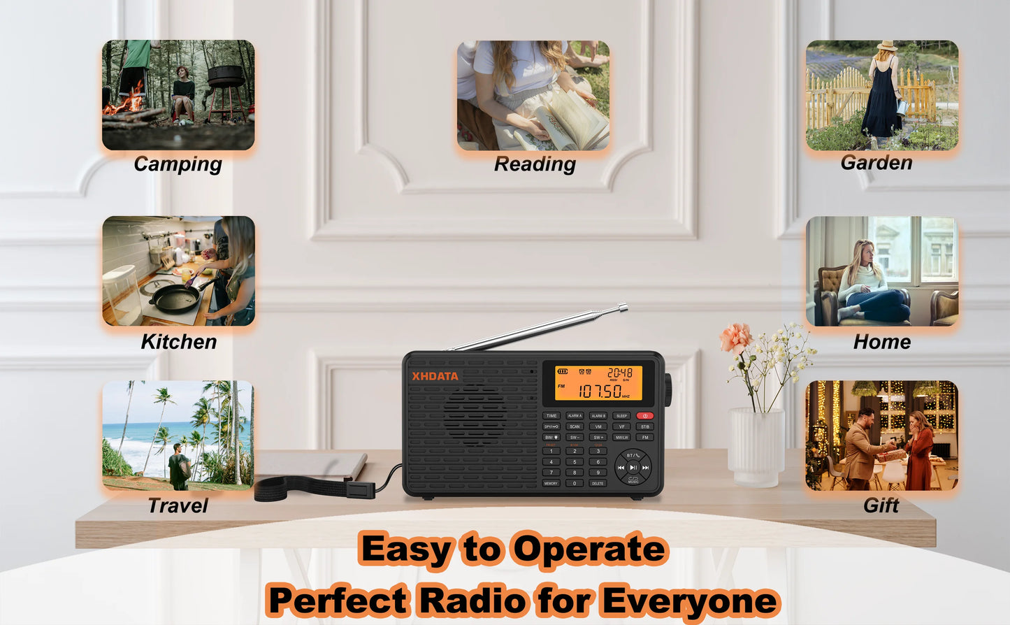 XHDATA D-109 Stereo Digital Portable Radio AM SW MW FM Radio Bluetooth Compatible Multifunctional Radio Support TF Card Player