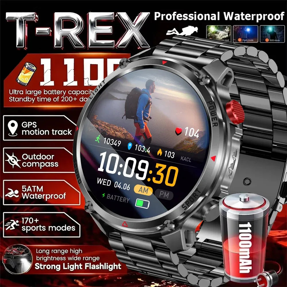 2026 Edition Military Outdoor Sports Smartwatch 1.7-inch AMOLED screen 1100 mAh battery LED flashlight Bluetooth call Waterproof