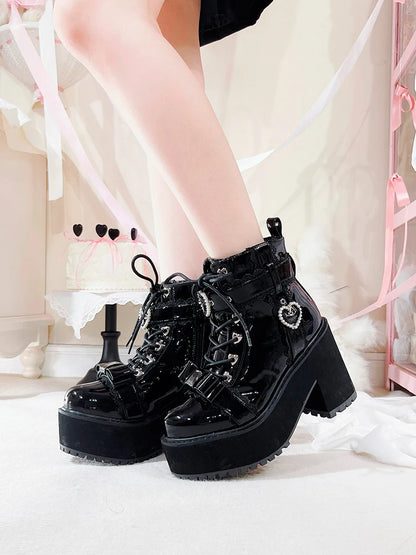 Japanese Mine Lolita Short Boots for Women Mass Production Love Rhinestone Buckle Bow Round Head Platform Boots Sweet Shoes