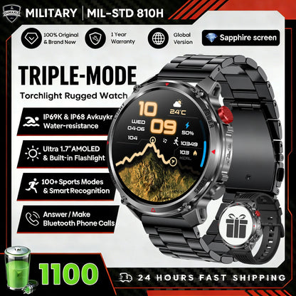 2026 Edition Military Outdoor Sports Smartwatch 1.7-inch AMOLED screen 1100 mAh battery LED flashlight Bluetooth call Waterproof