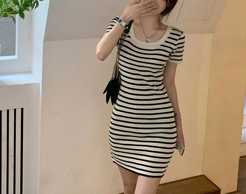 Fashion Striped Knitted Mini Dress Summer Korean Square Collar Waist Women's Clothing Slim Bag Hip Casual Short Sleeve Dresses