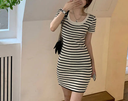 Fashion Striped Knitted Mini Dress Summer Korean Square Collar Waist Women's Clothing Slim Bag Hip Casual Short Sleeve Dresses