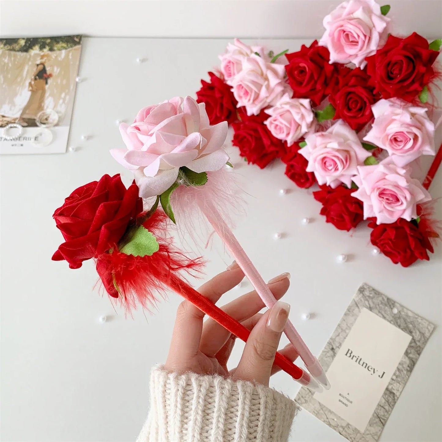 10pcs/set Simulated Rose Shaped Ballpoint Pen Valentine's Day Desktop Decoration Supplies Student Writing Supplies Set