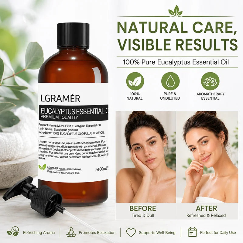 Natural Eucalyptus Essential Oil,Diffuser Friendly for Air Purify,Massage & Aromatherapy for Shower,Diffuser, Massage, with Pump