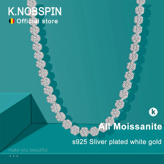 KNOBSPIN 7.5 - 12.81ct D VVS1 Moissanite Tennis Necklaces for Women GRA Certified 925 Sterling Silver Plated 18k Flower Necklace
