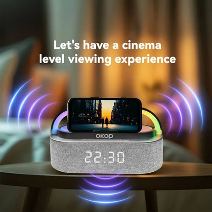 OKOP Bluetooth Speakers,6 in 1 Multi-function,Alarm Clock, Wireless Charger RGB Night Light , Audio,portable Speaker,White Noise