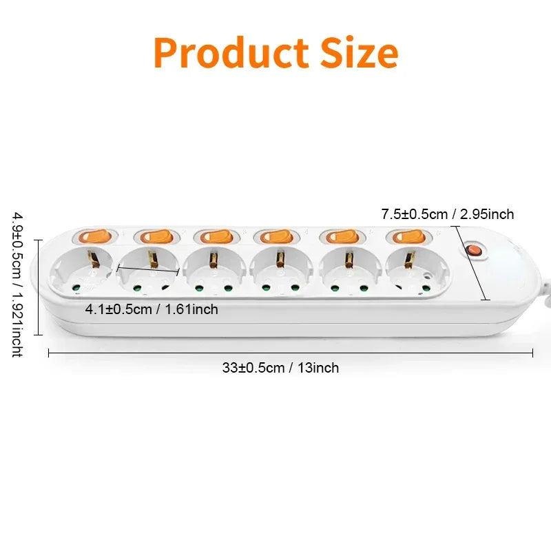 Melery Power Strip Surge Protection EU Plug Way Outlets Electrical Extension 16A Socket Independent Control Switches Schuko Cord