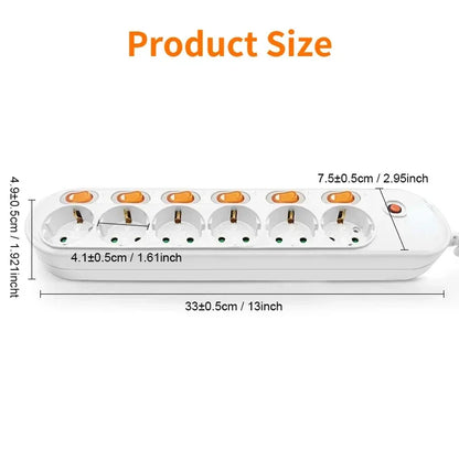 Melery Power Strip Surge Protection EU Plug Way Outlets Electrical Extension 16A Socket Independent Control Switches Schuko Cord