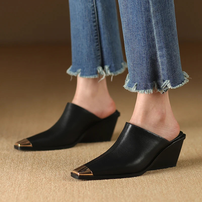 2025 New Ladies Genuine Leather Metal Head Mules Fashion Med Chunky Heels Summer Wedges Slippers Women Casual Office Shoes Woman